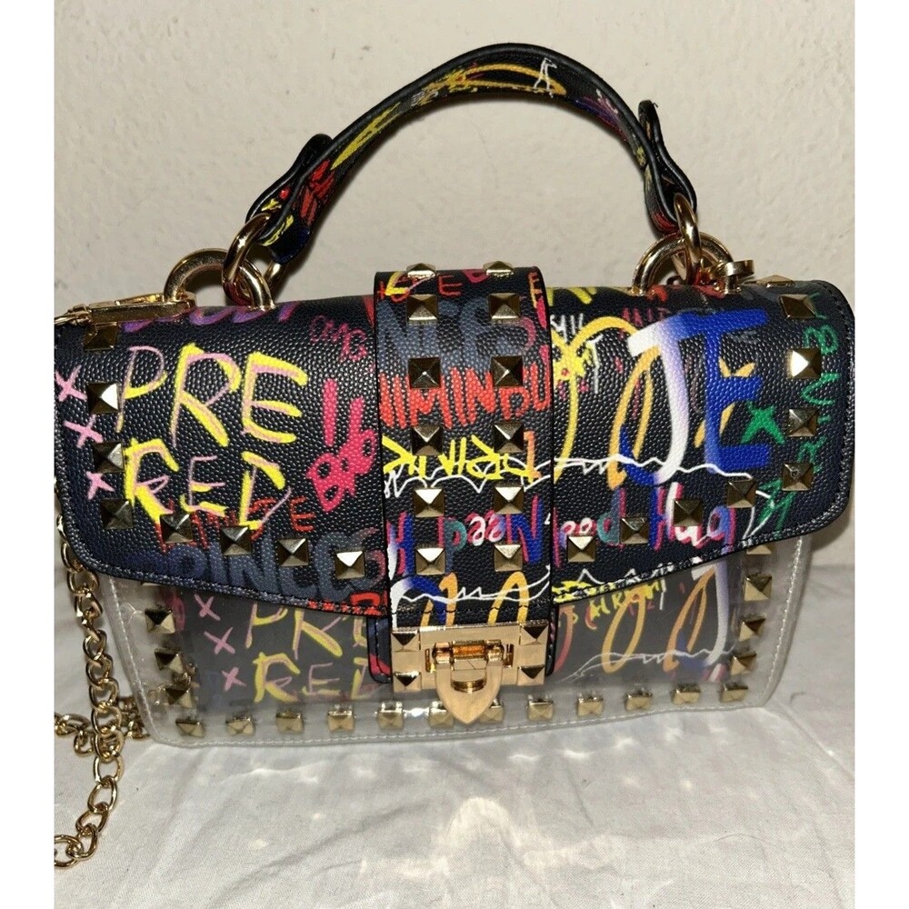 Gothic Graffiti Streetwear Studded Clear Front Crossbody Bag & Makeup Pouch Set